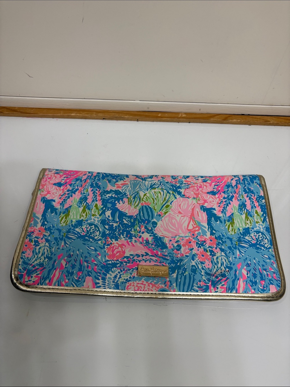 Lilly Pulitzer Blue, Pink, Green Tropical Print Travel Organizer w/Gold Accent